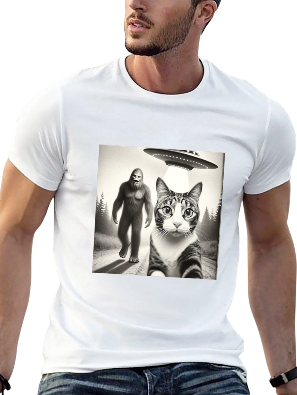 Sasquatch UFO & Cat T-Shirt - Black Novelty Tee