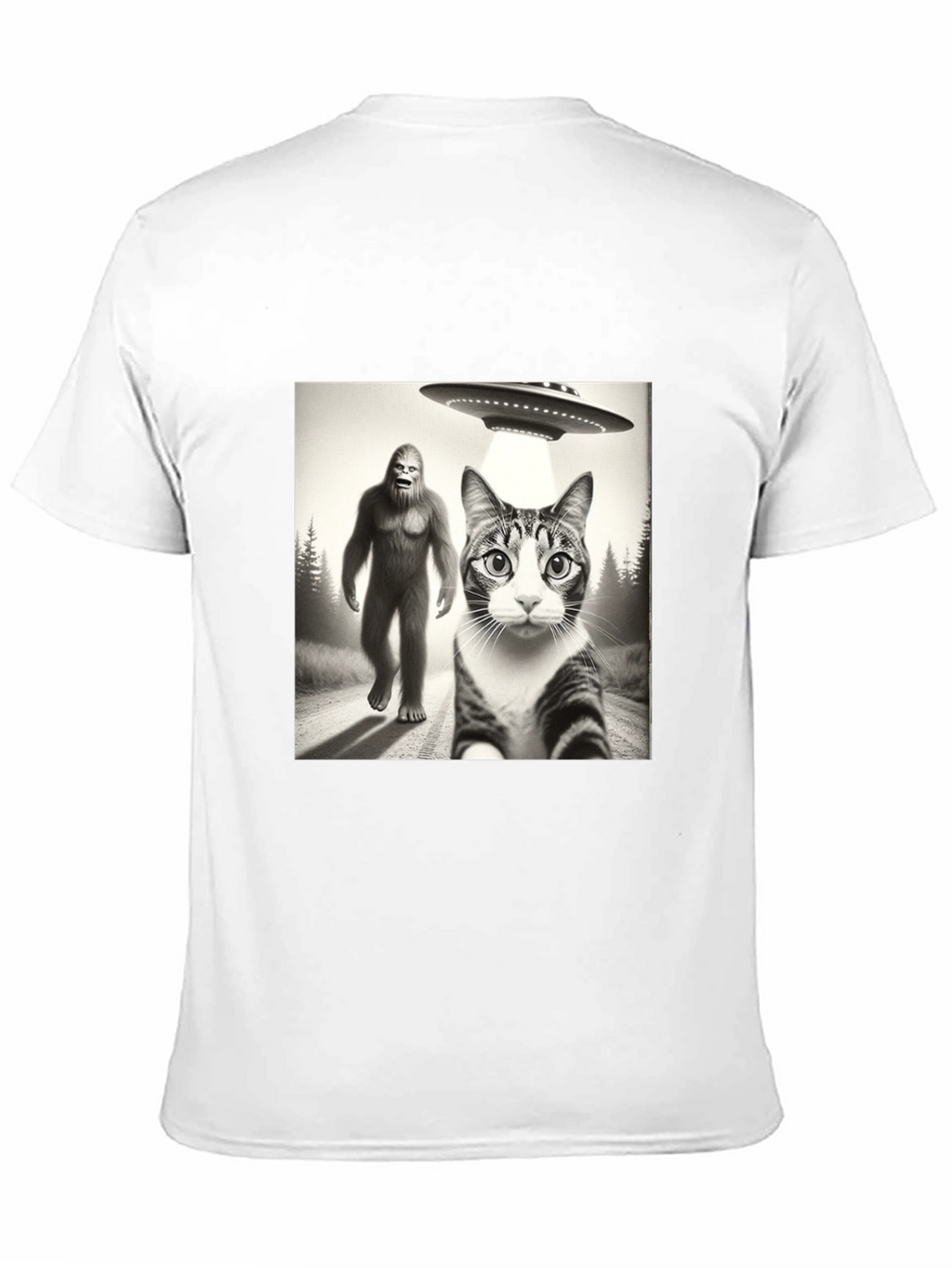 Sasquatch UFO & Cat T-Shirt - Black Novelty Tee