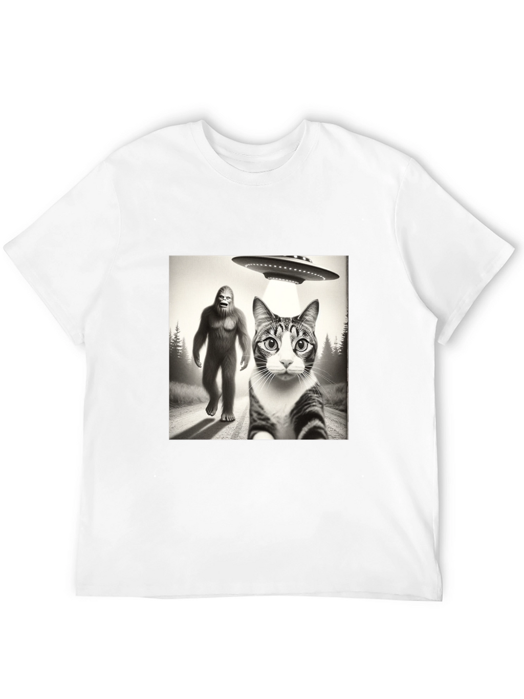 Sasquatch UFO & Cat T-Shirt - Black Novelty Tee