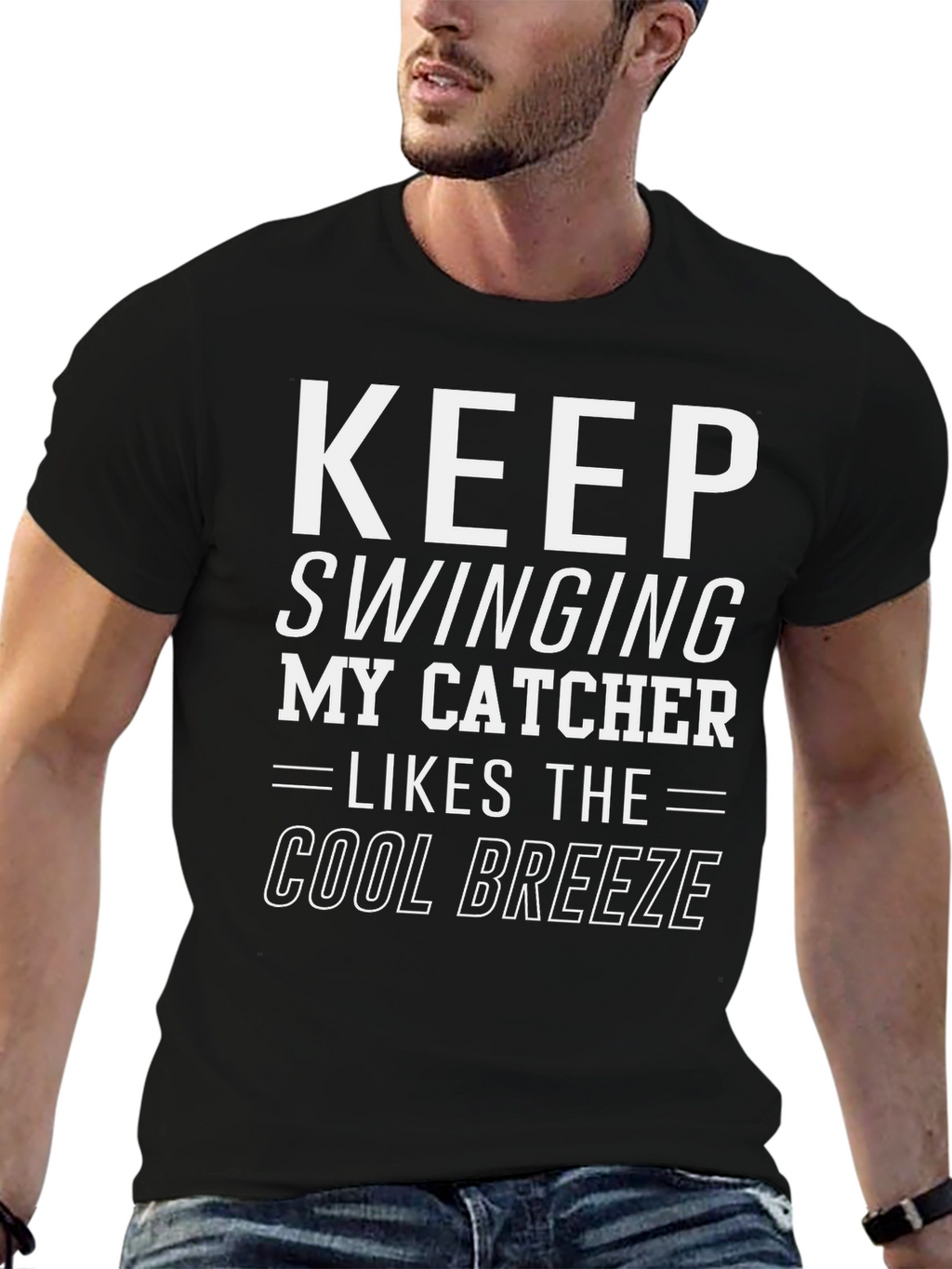 Keep Swinging My Catcher Likes Cool Breeze Black T-Shirt