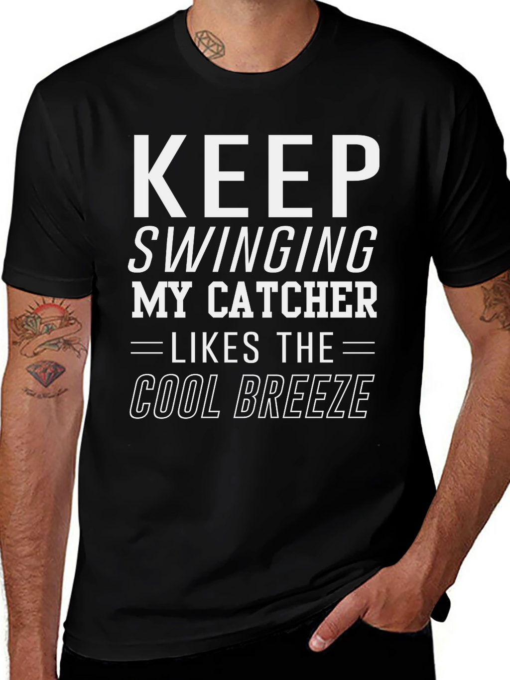 Keep Swinging My Catcher Likes Cool Breeze Black T-Shirt
