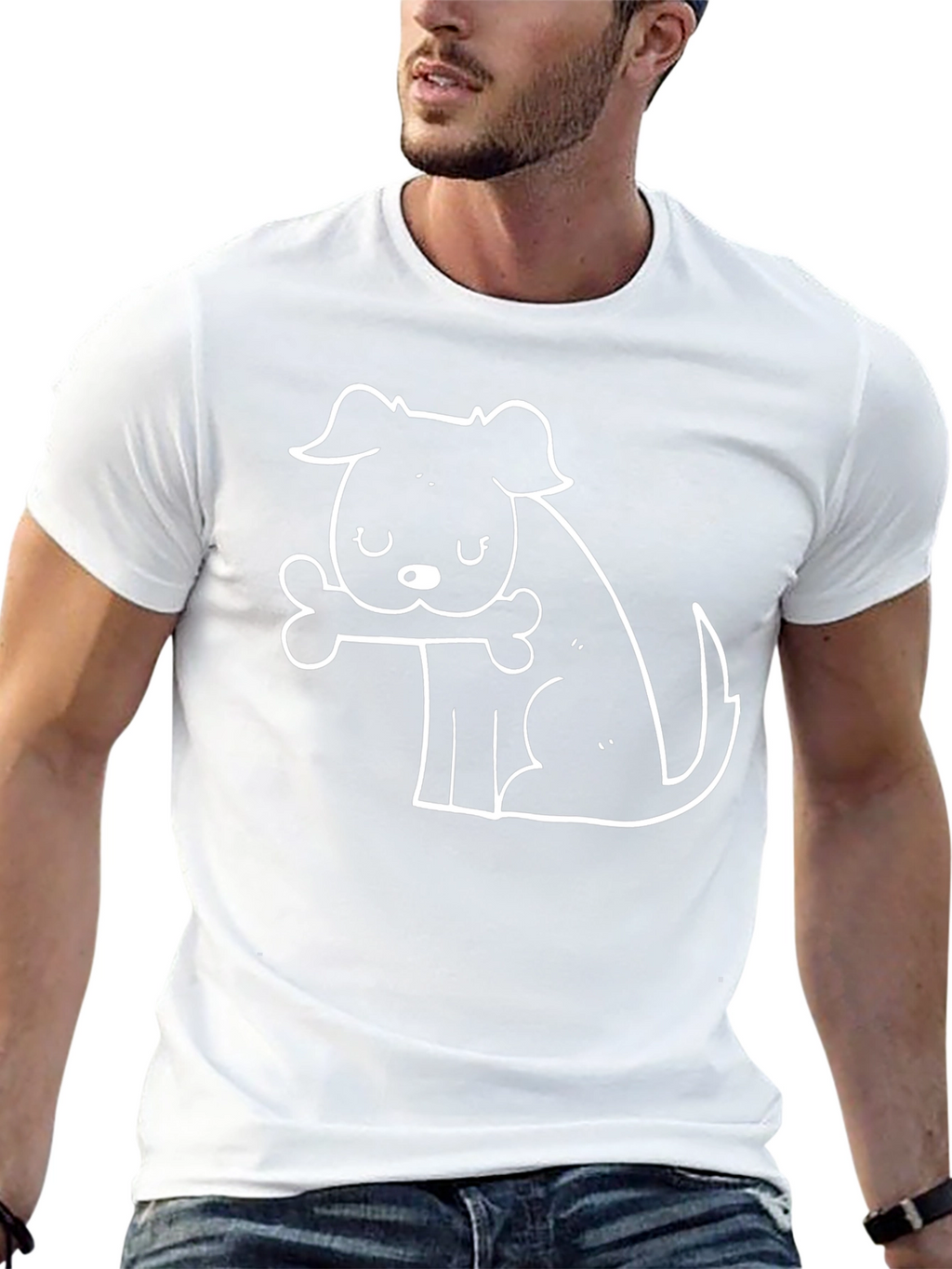 Dog with Bone Graphic Tee - Black Cotton Casual