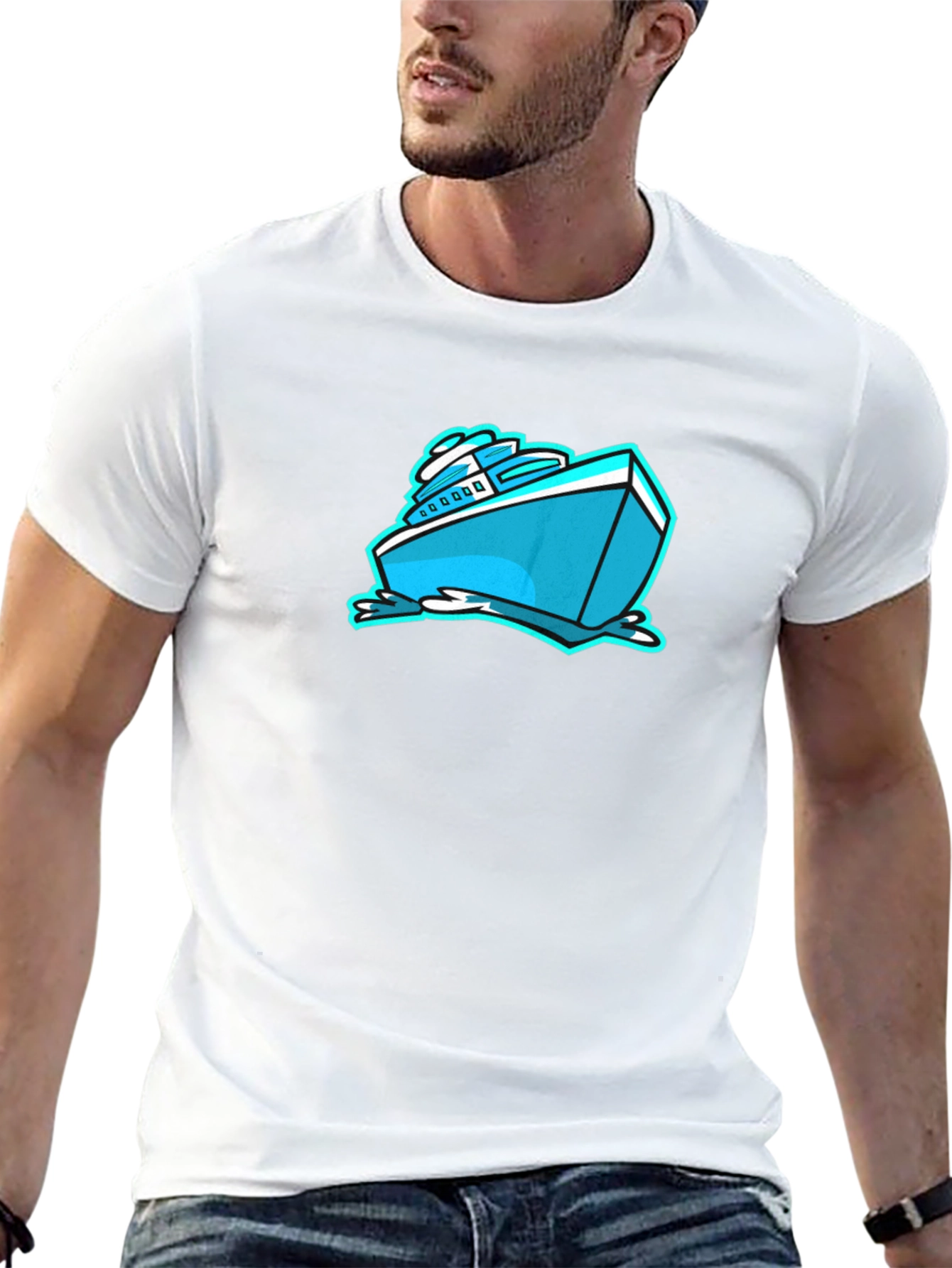 Cool Cartoon Boat Graphic Tee - Black