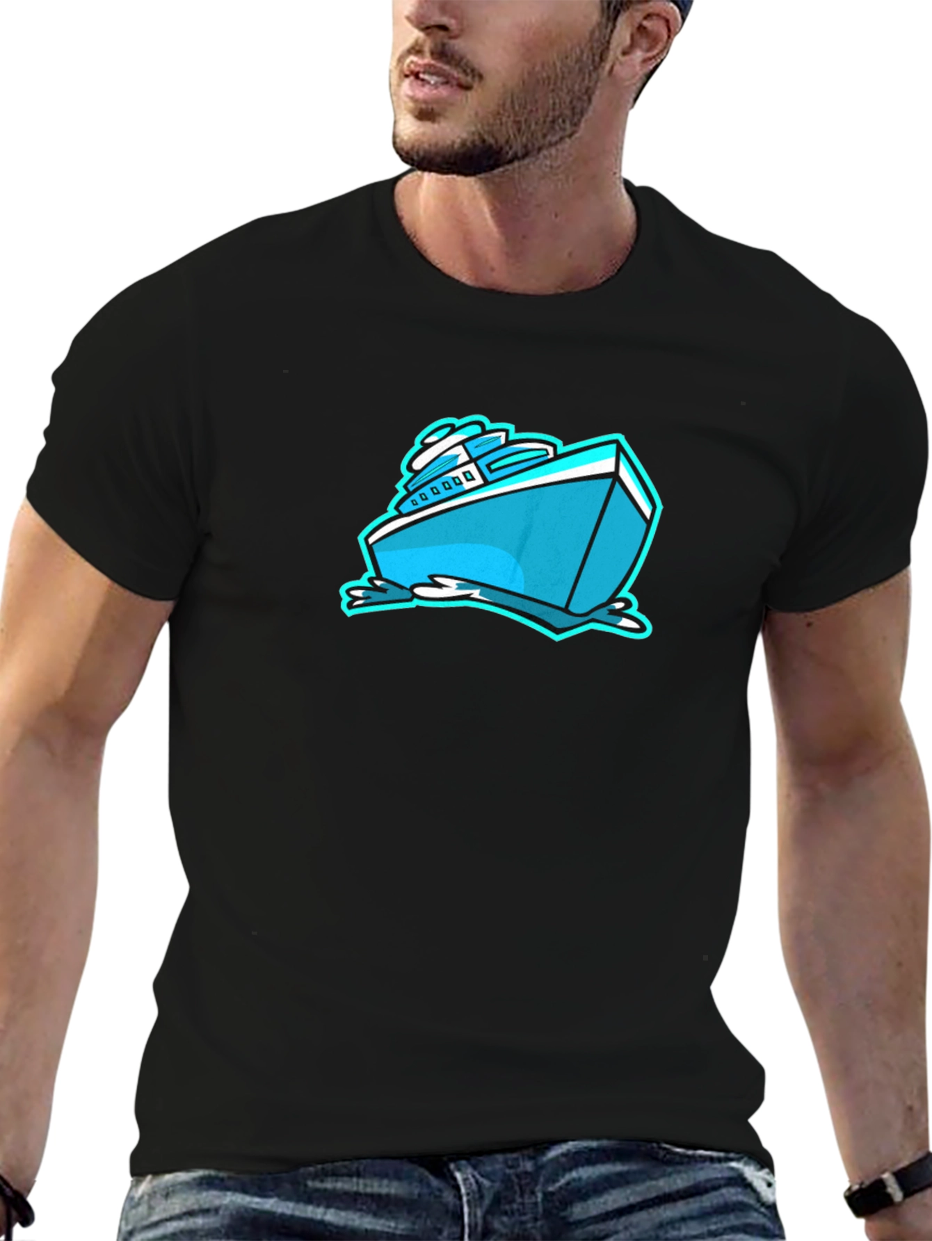 Cool Cartoon Boat Graphic Tee - Black