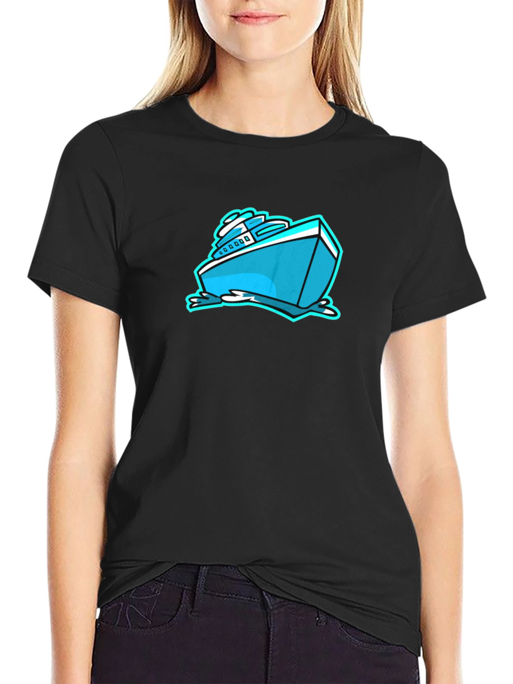 Cool Cartoon Boat Graphic Tee - Black