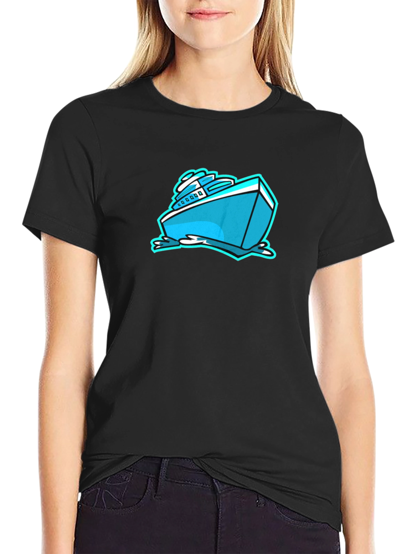 Cool Cartoon Boat Graphic Tee - Black