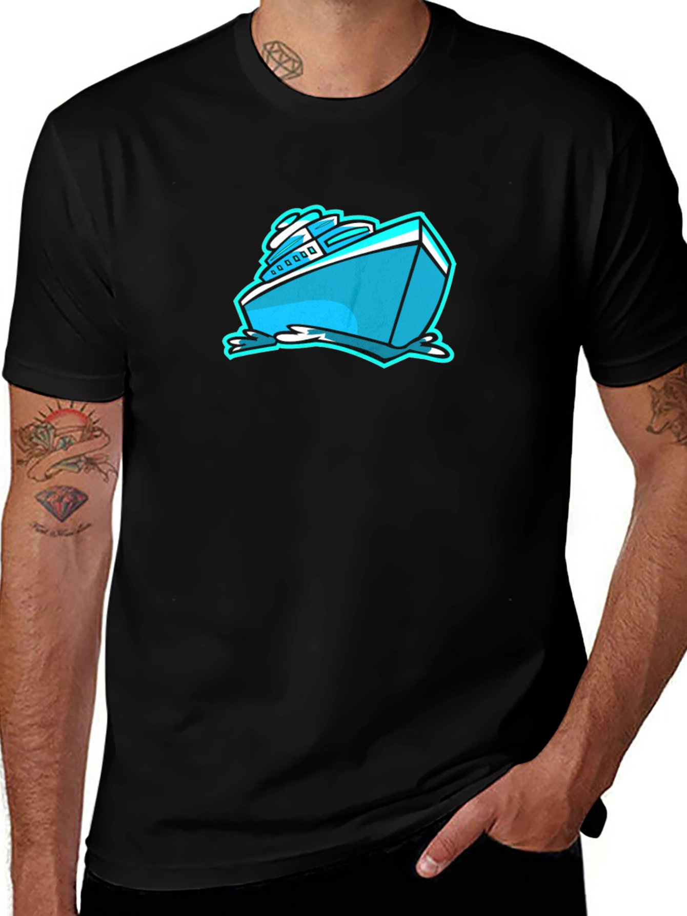 Cool Cartoon Boat Graphic Tee - Black