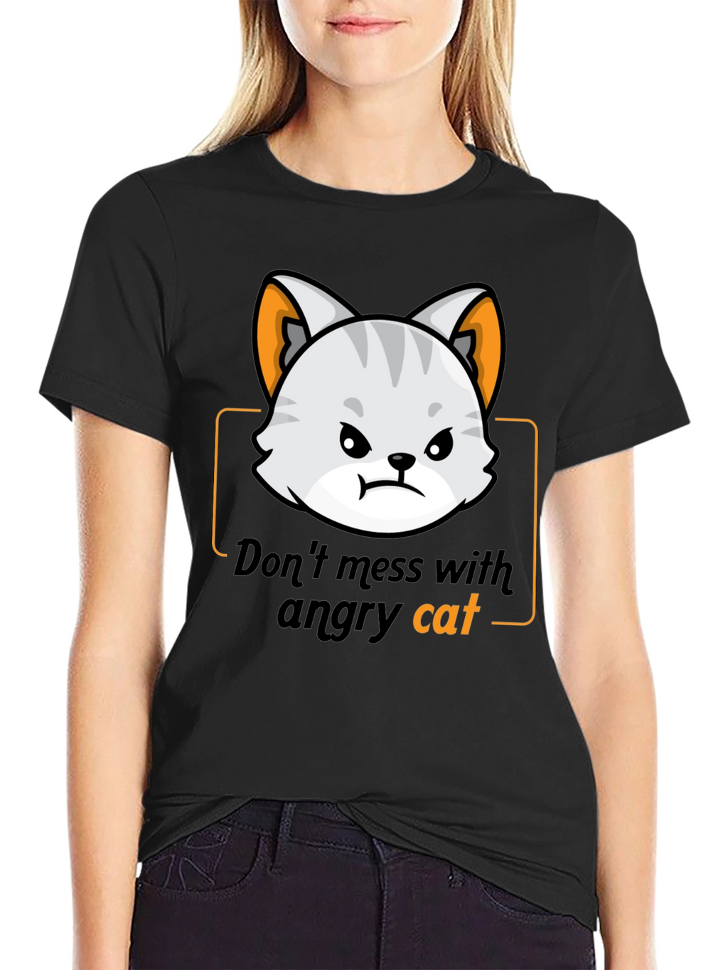 Angry Cat Graphic Tee - Black Cotton T-Shirt