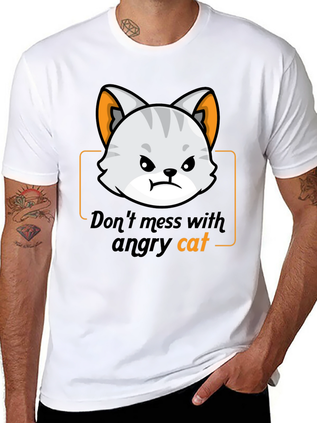 Angry Cat Graphic Tee - Black Cotton T-Shirt