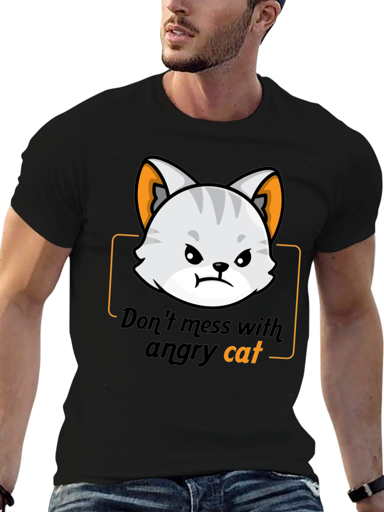 Angry Cat Graphic Tee - Black Cotton T-Shirt