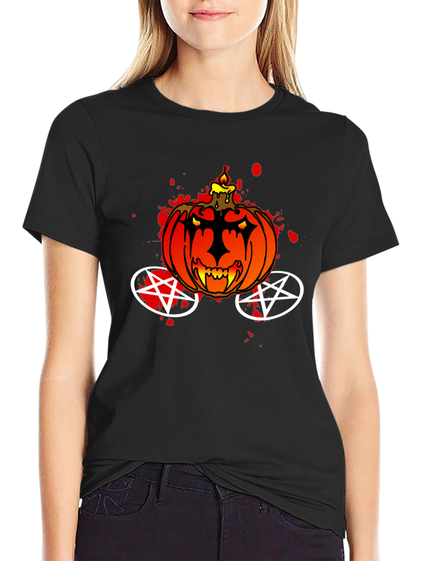 Halloween Pumpkin Pentagram Black T-Shirt