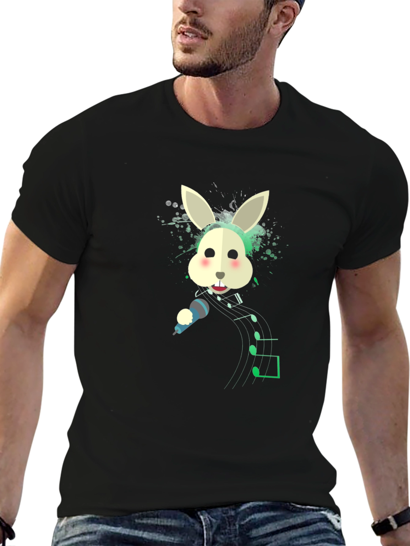 Singing Rabbit Graphic Tee - Black Cotton Blend T-Shirt