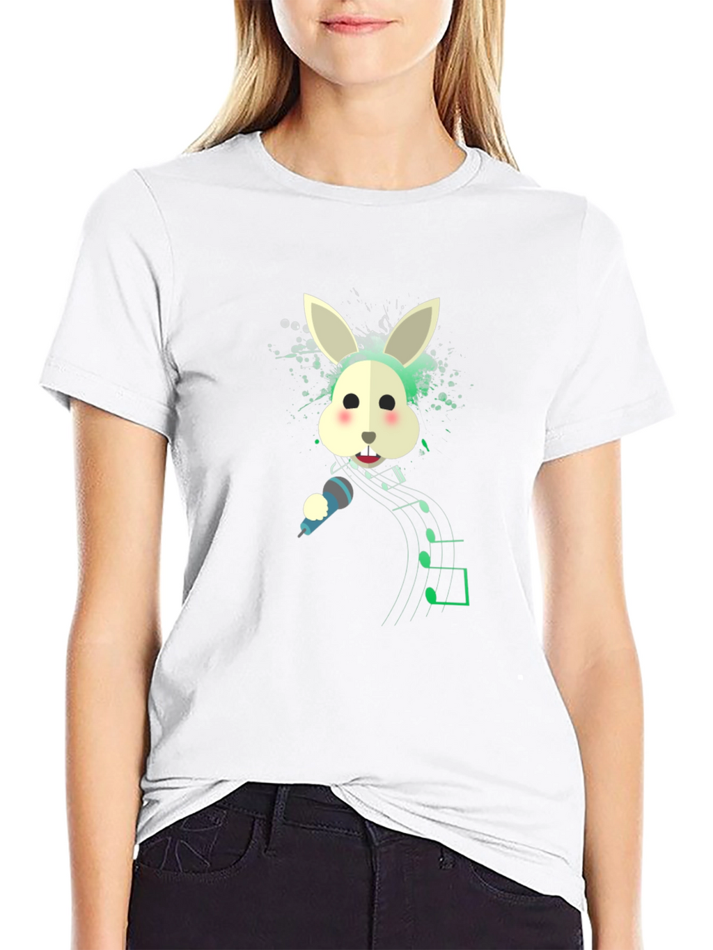 Singing Rabbit Graphic Tee - Black Cotton Blend T-Shirt