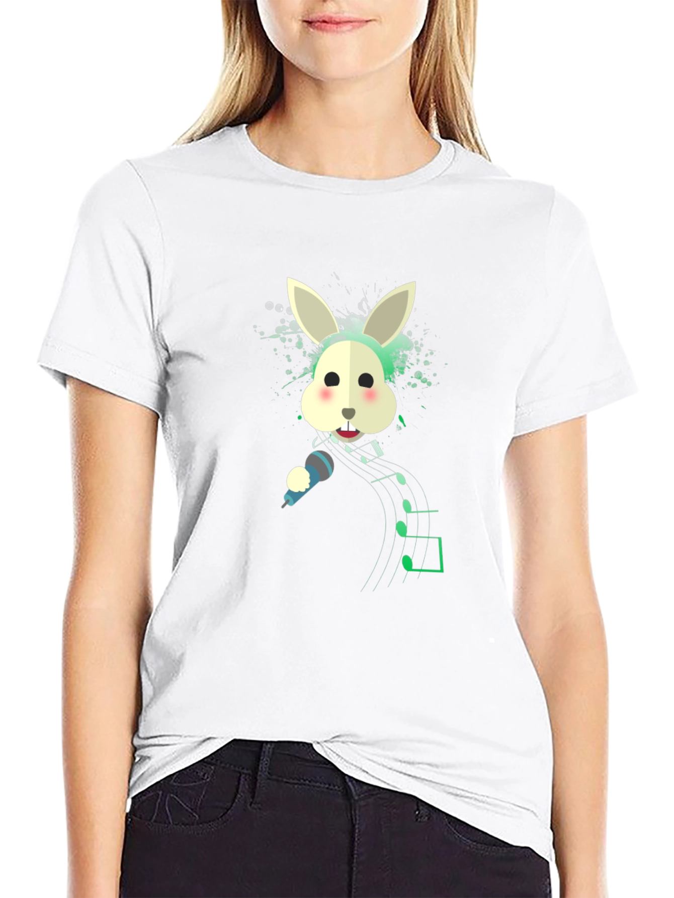 Singing Rabbit Graphic Tee - Black Cotton Blend T-Shirt