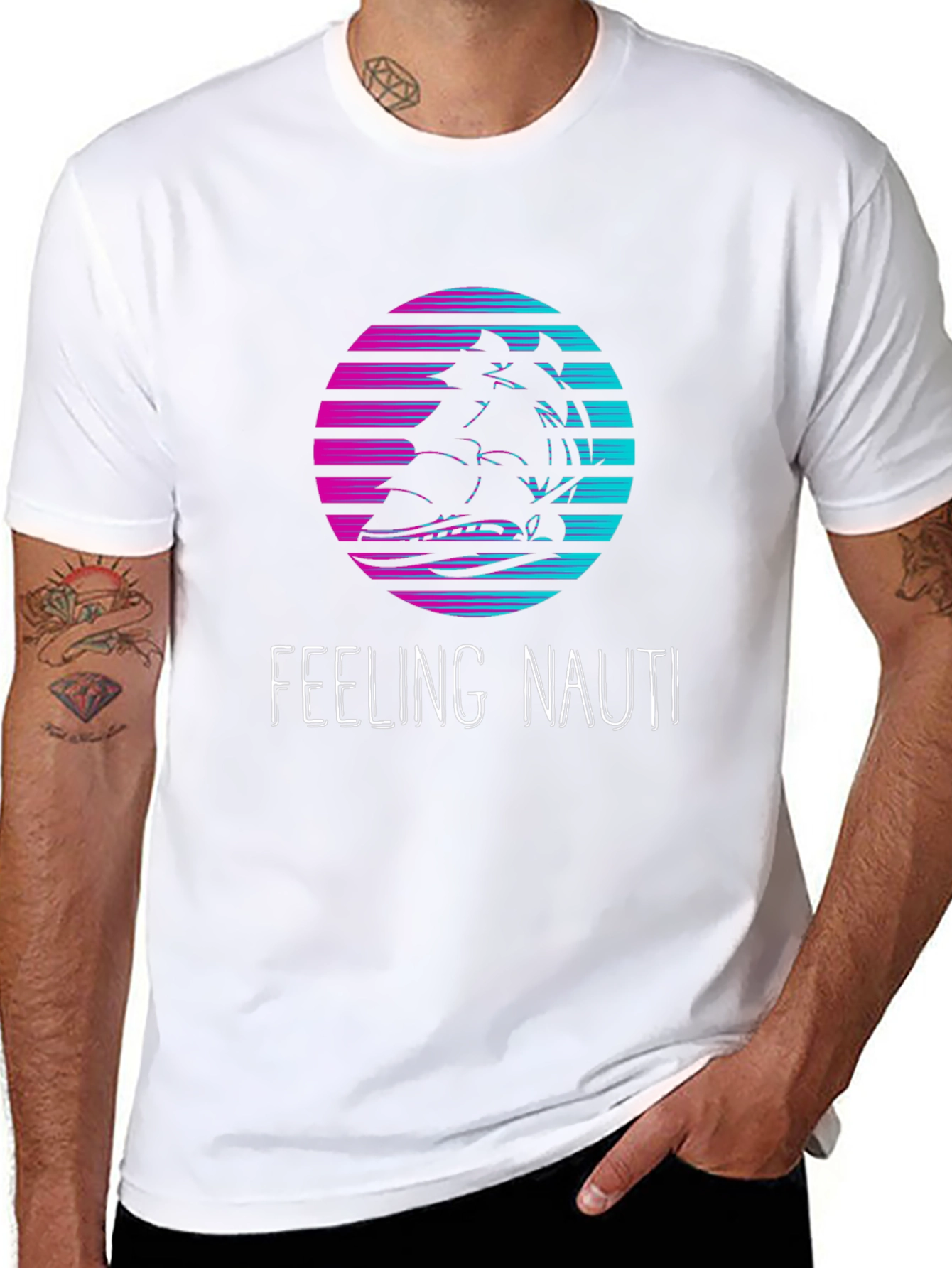Feeling Nauti T-Shirt: Retro Sunset Ship Design