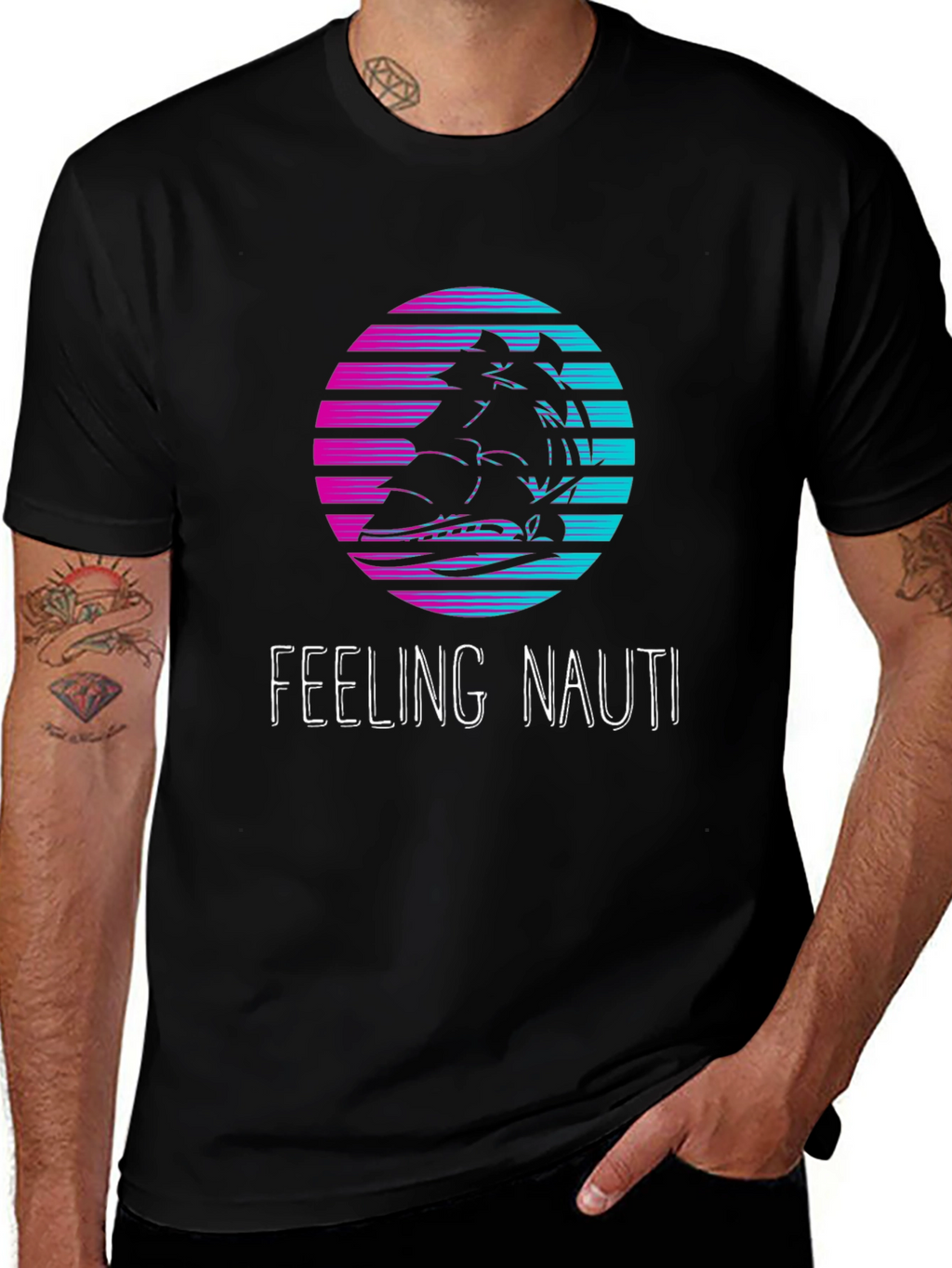 Feeling Nauti T-Shirt: Retro Sunset Ship Design