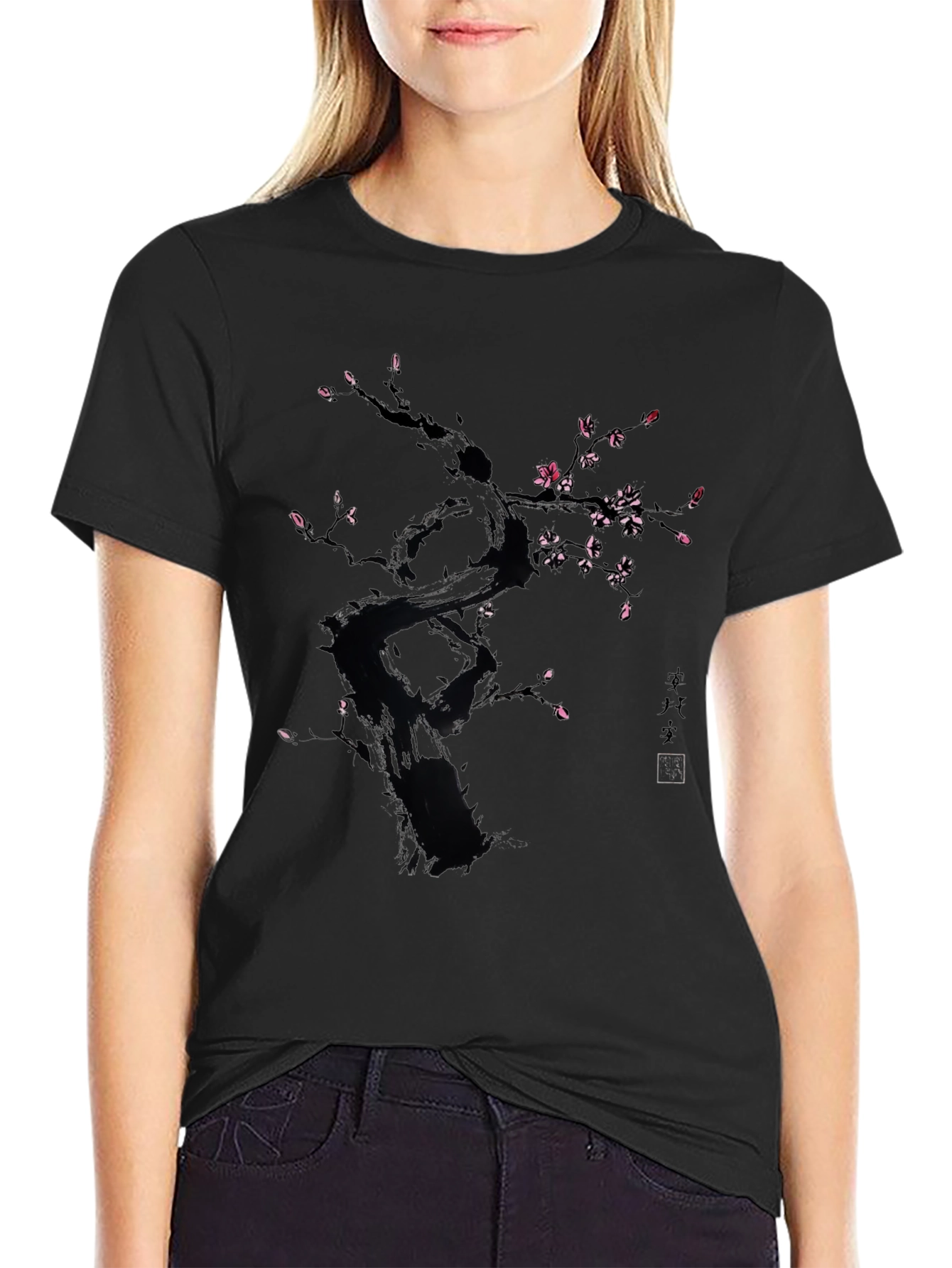 Black T-Shirt with Floral Tree Design