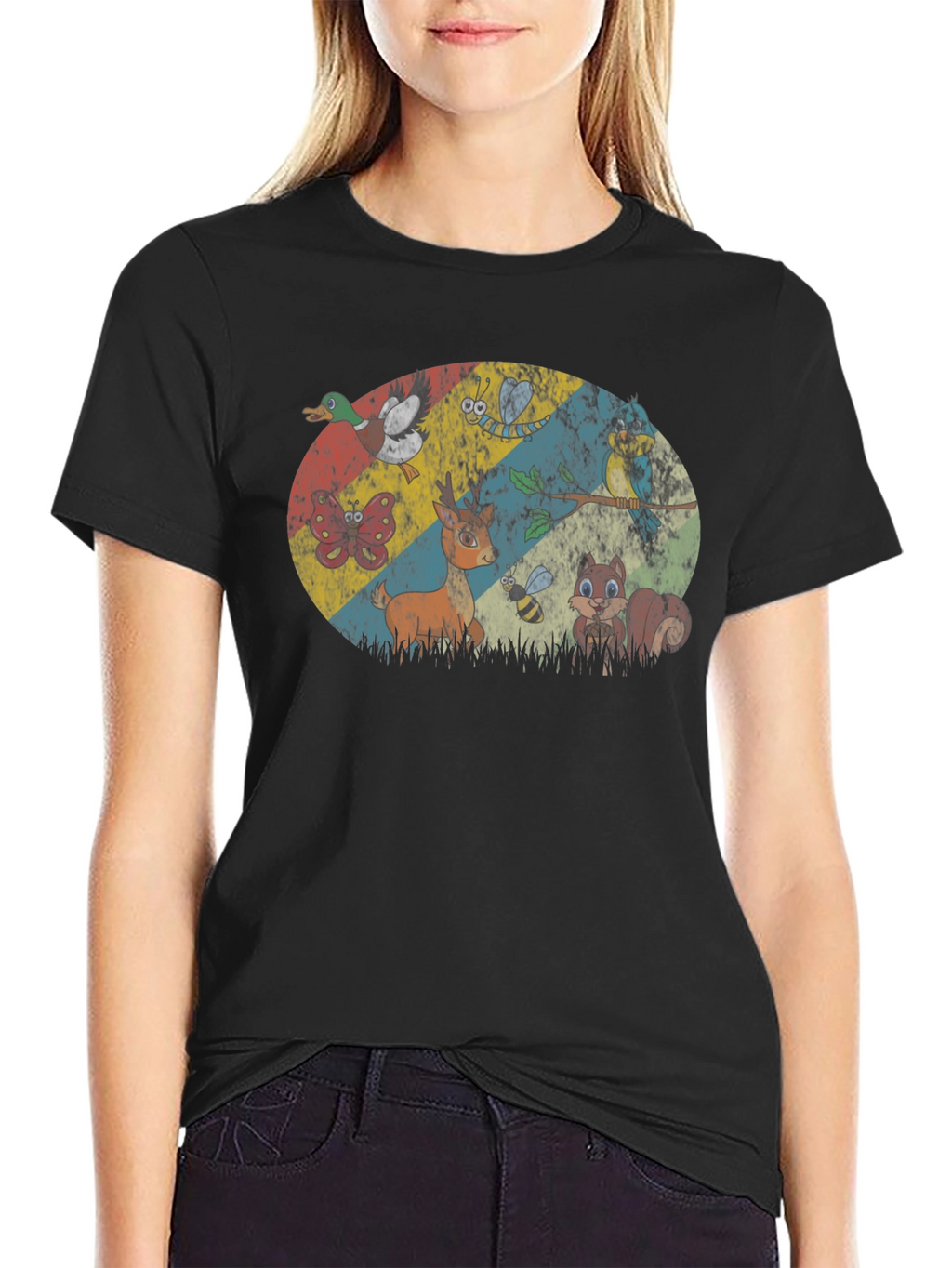 Retro Animals Graphic Print Black T-Shirt