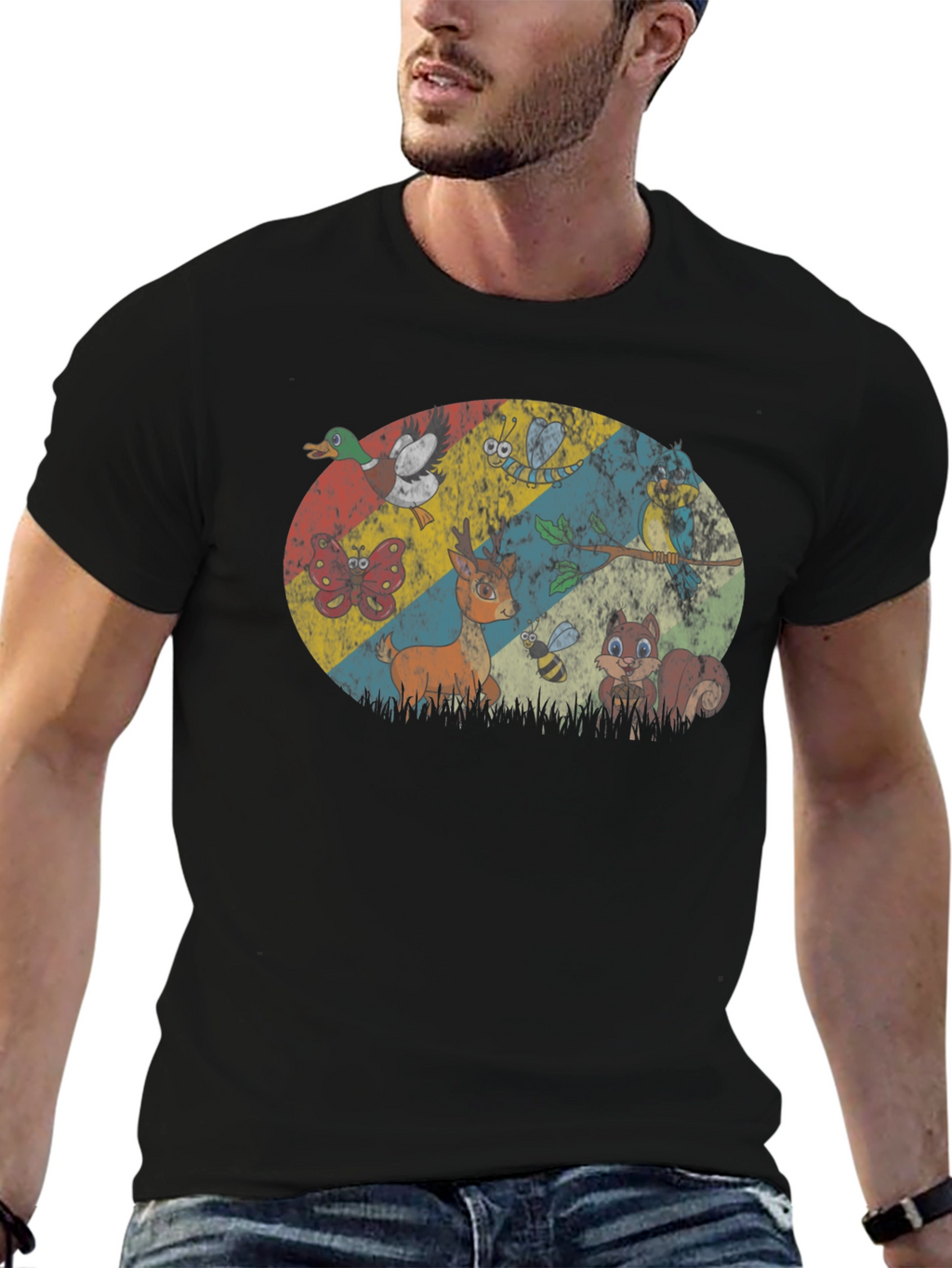 Retro Animals Graphic Print Black T-Shirt
