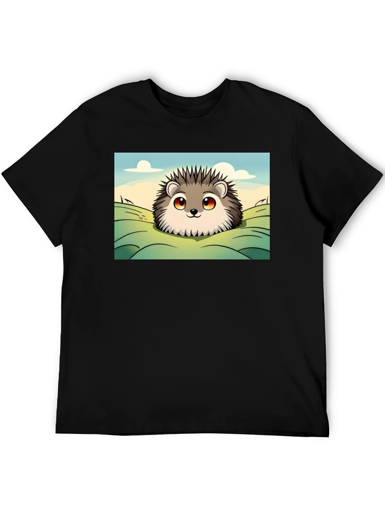 Cute Hedgehog Graphic Tee - Black Cotton T-Shirt