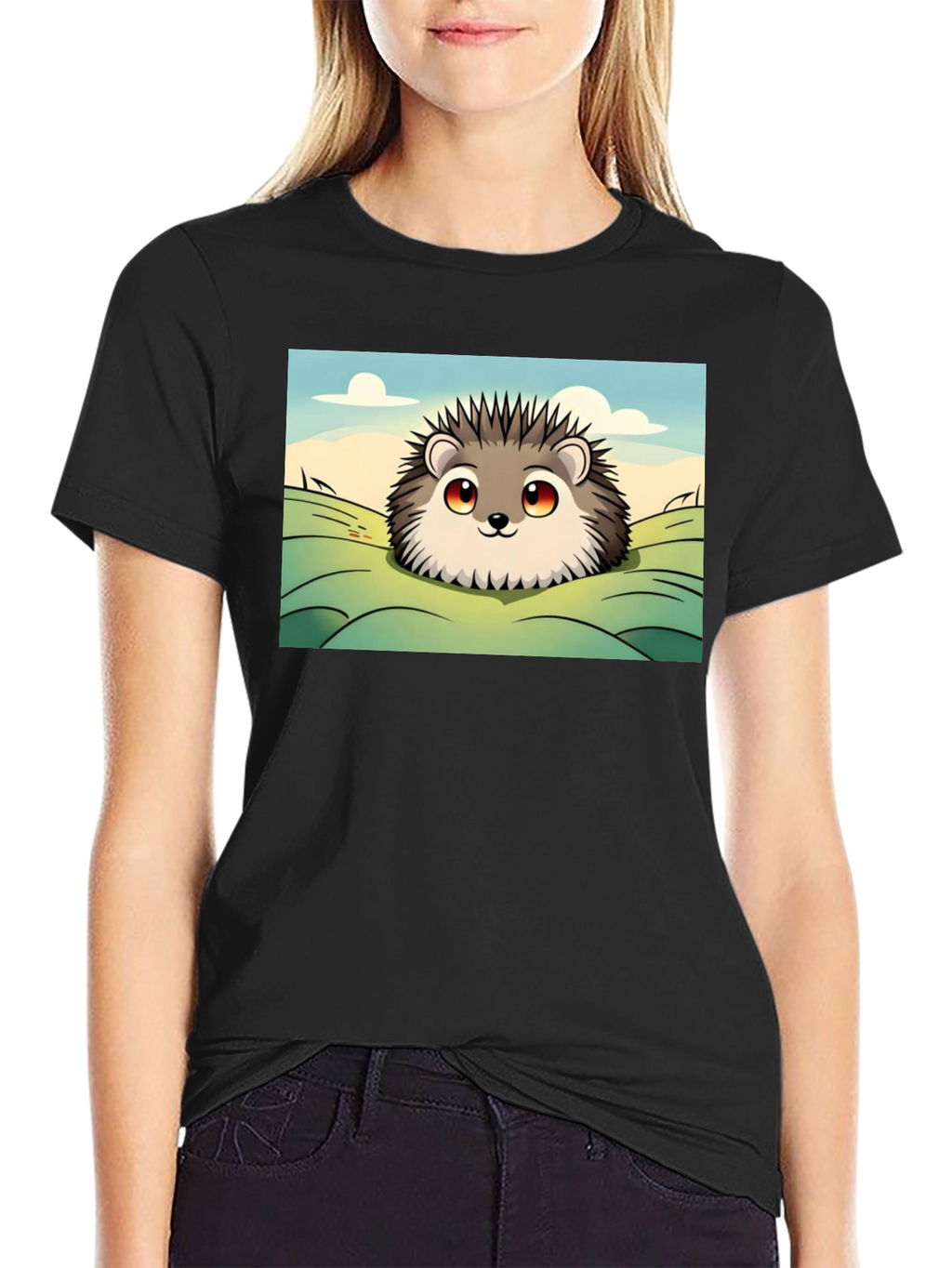 Cute Hedgehog Graphic Tee - Black Cotton T-Shirt