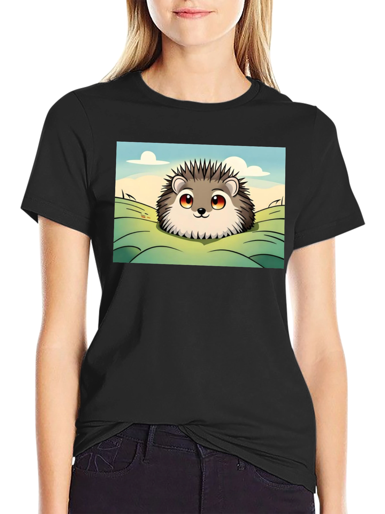 Cute Hedgehog Graphic Tee - Black Cotton T-Shirt