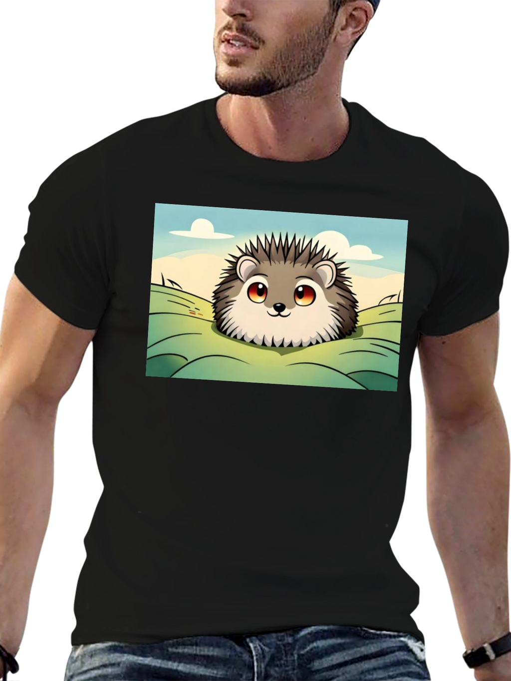 Cute Hedgehog Graphic Tee - Black Cotton T-Shirt