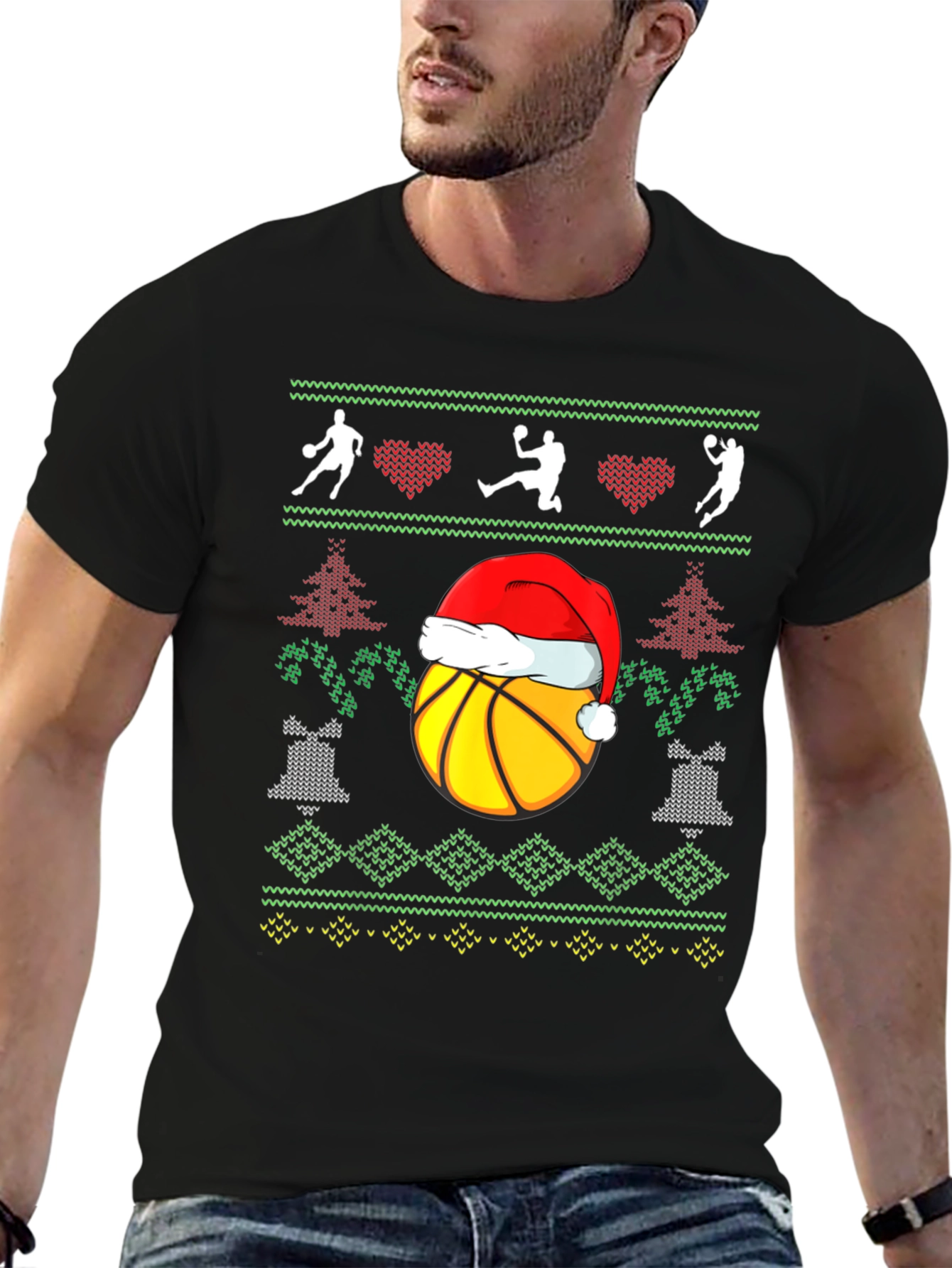 Basketball Christmas Ugly Sweater Style T-Shirt