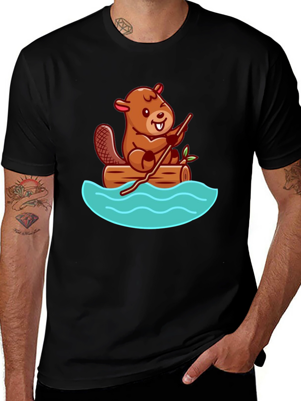 Beaver on Log Cartoon T-Shirt - Unisex Crew Neck