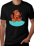 Beaver on Log Cartoon T-Shirt - Unisex Crew Neck