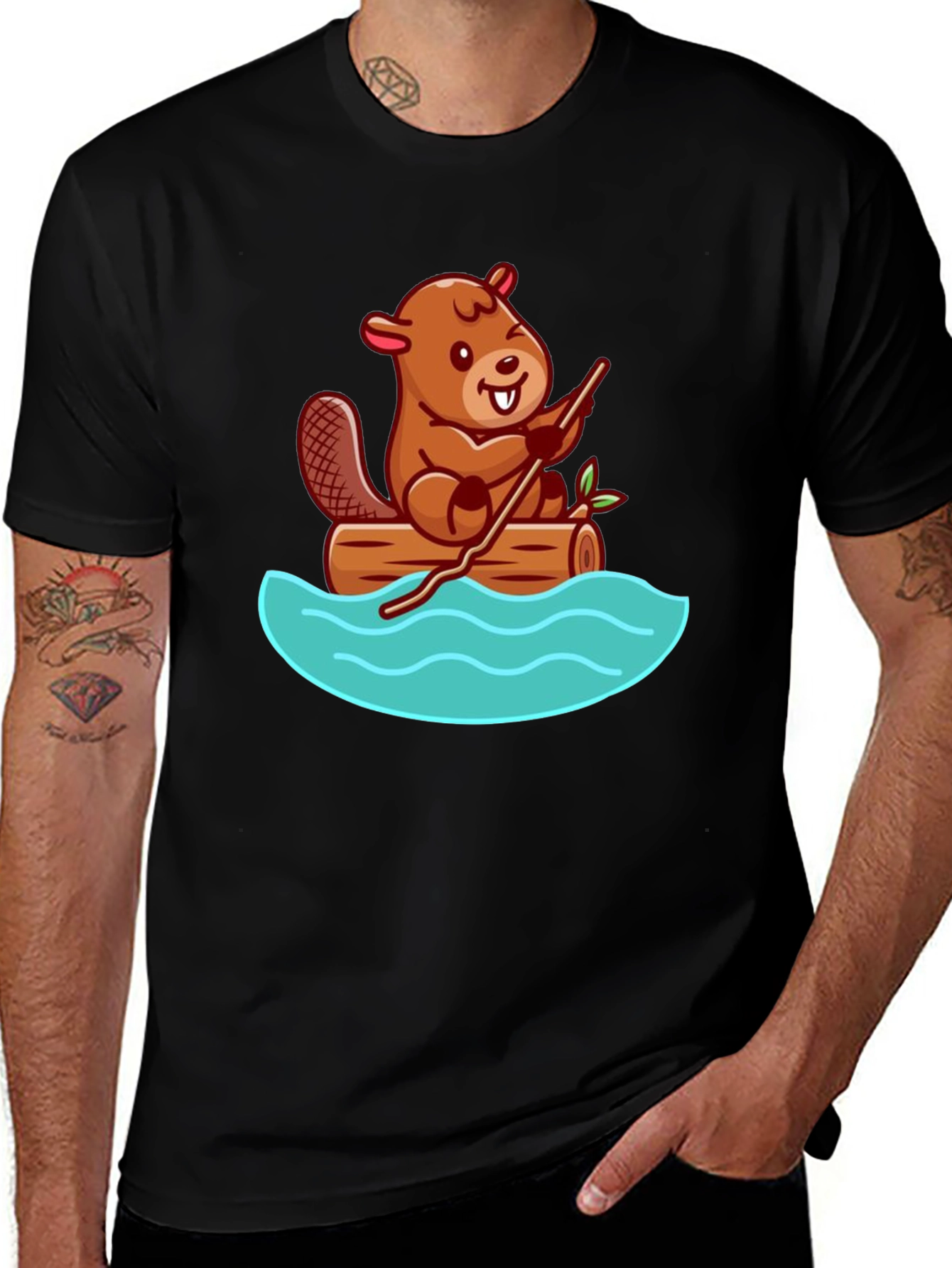 Beaver on Log Cartoon T-Shirt - Unisex Crew Neck