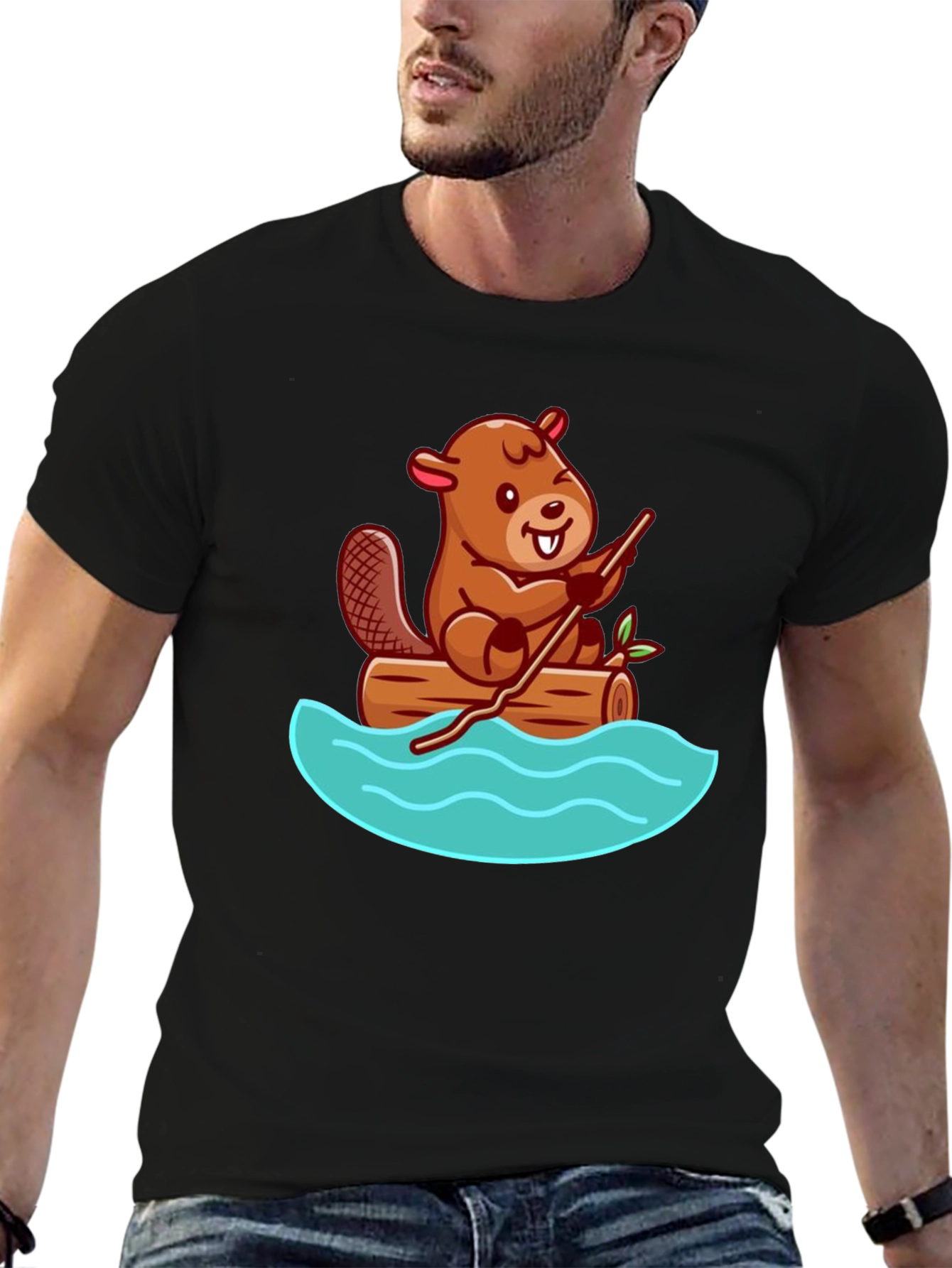 Beaver on Log Cartoon T-Shirt - Unisex Crew Neck
