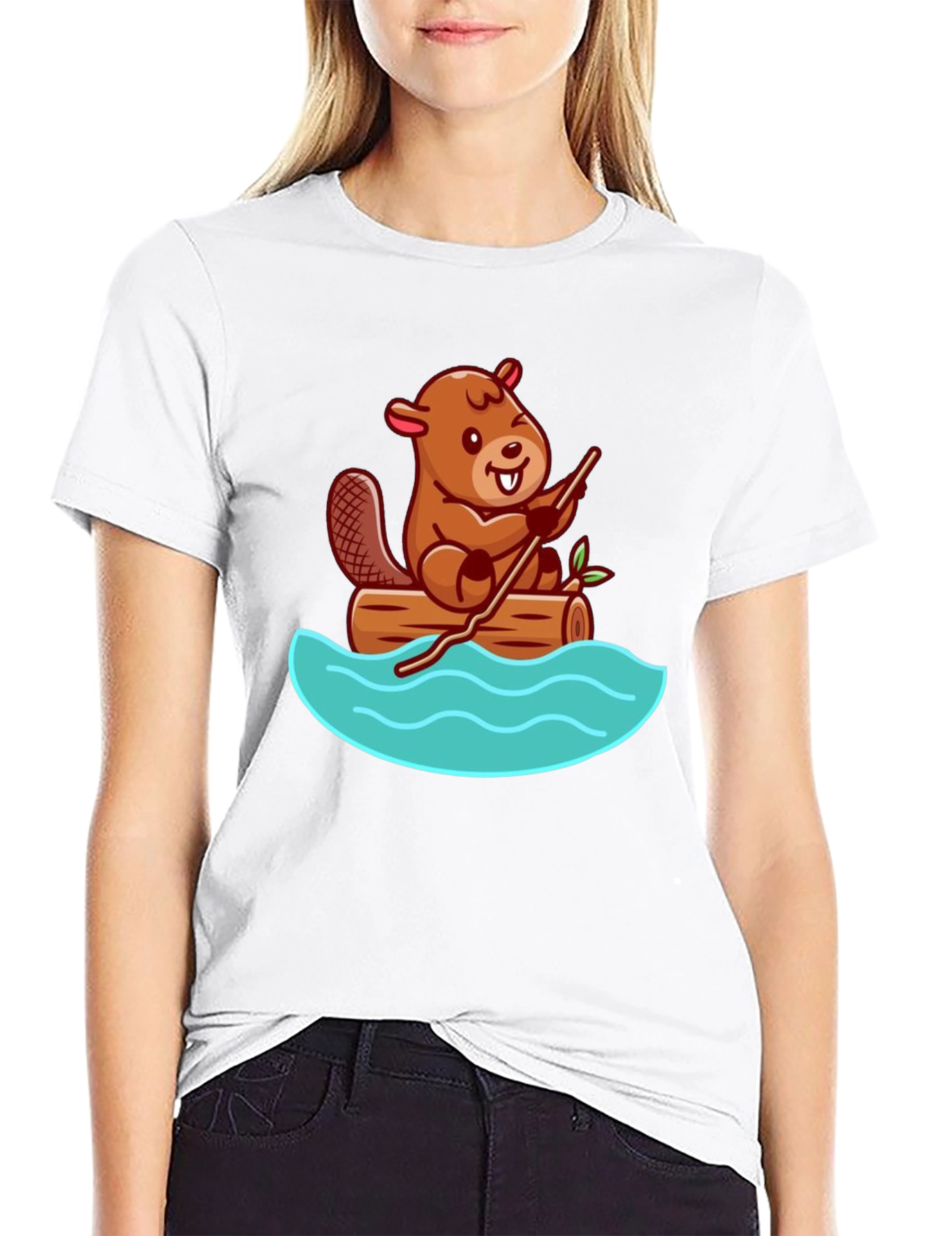 Beaver on Log Cartoon T-Shirt - Unisex Crew Neck