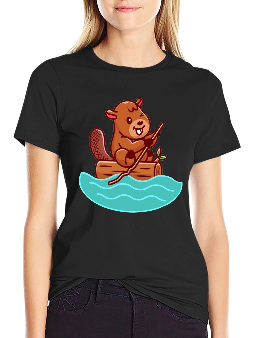 Beaver on Log Cartoon T-Shirt - Unisex Crew Neck