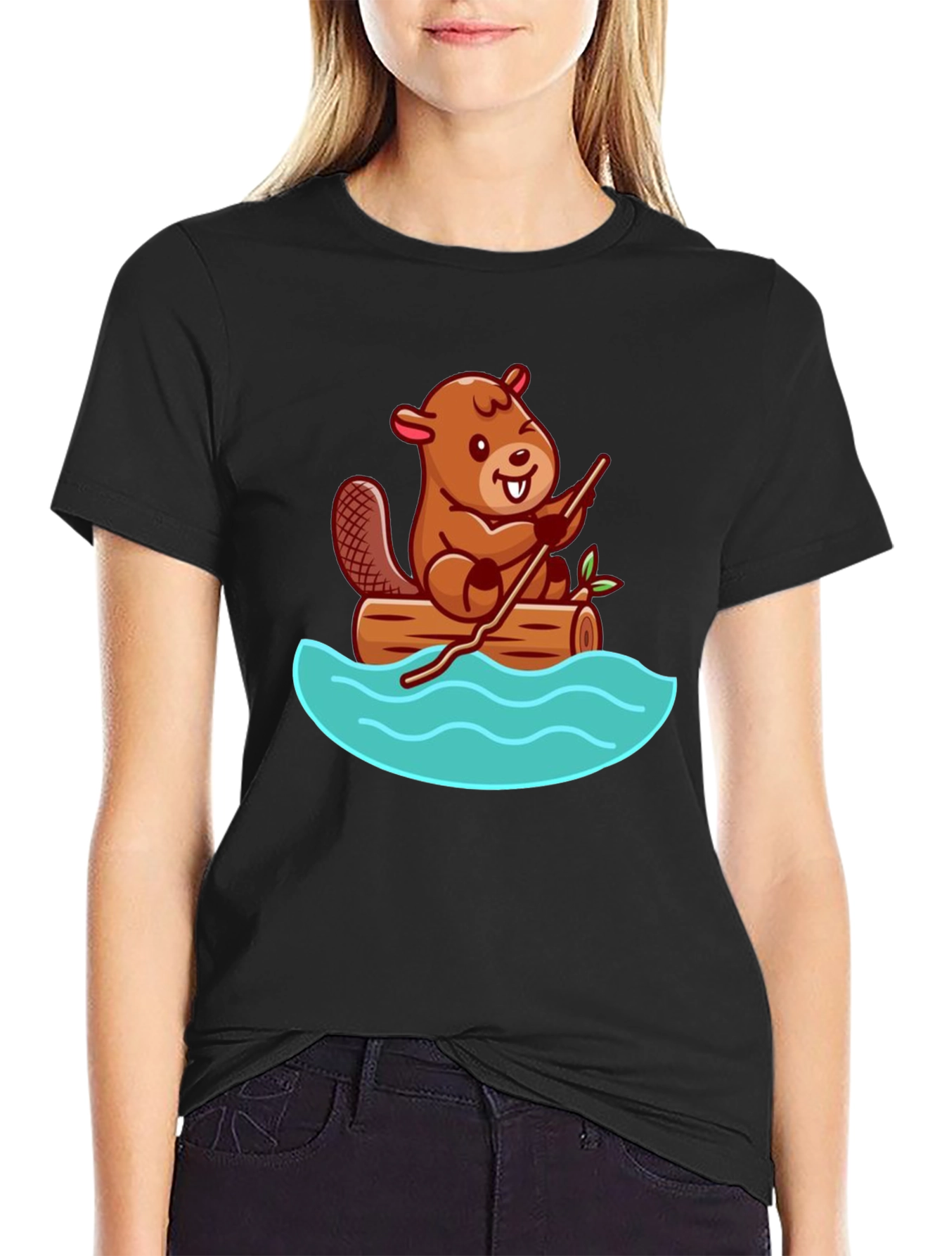 Beaver on Log Cartoon T-Shirt - Unisex Crew Neck