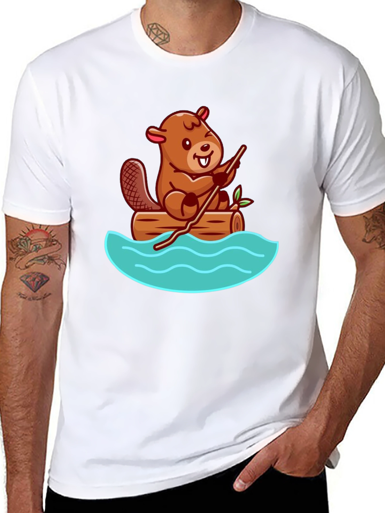 Beaver on Log Cartoon T-Shirt - Unisex Crew Neck