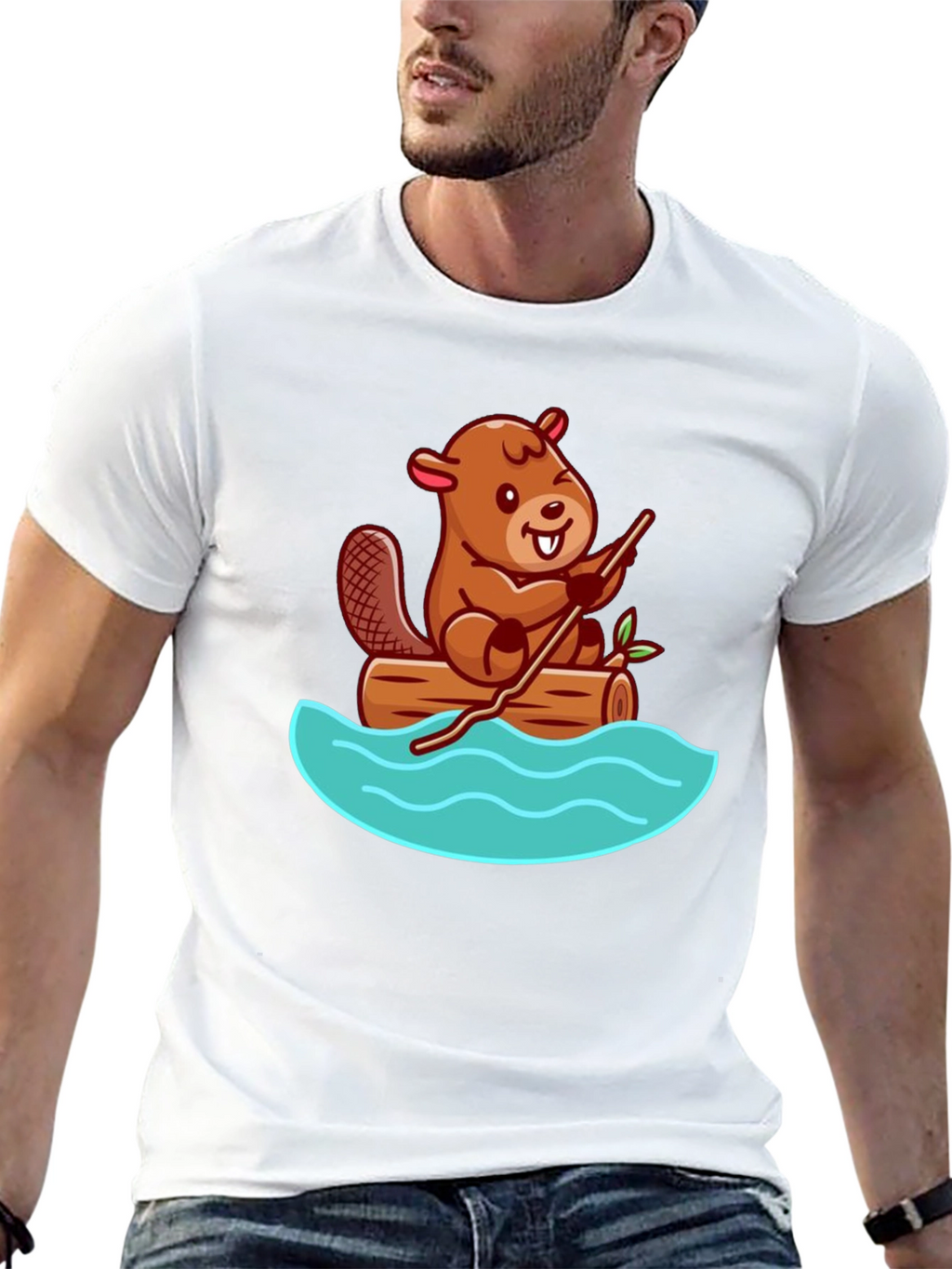 Beaver on Log Cartoon T-Shirt - Unisex Crew Neck
