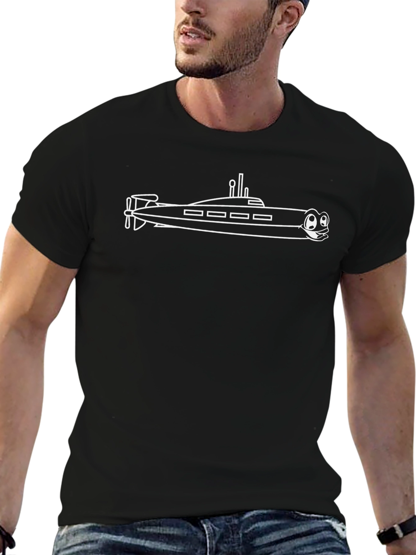 Cartoon Submarine Graphic Tee - Black Cotton T-Shirt