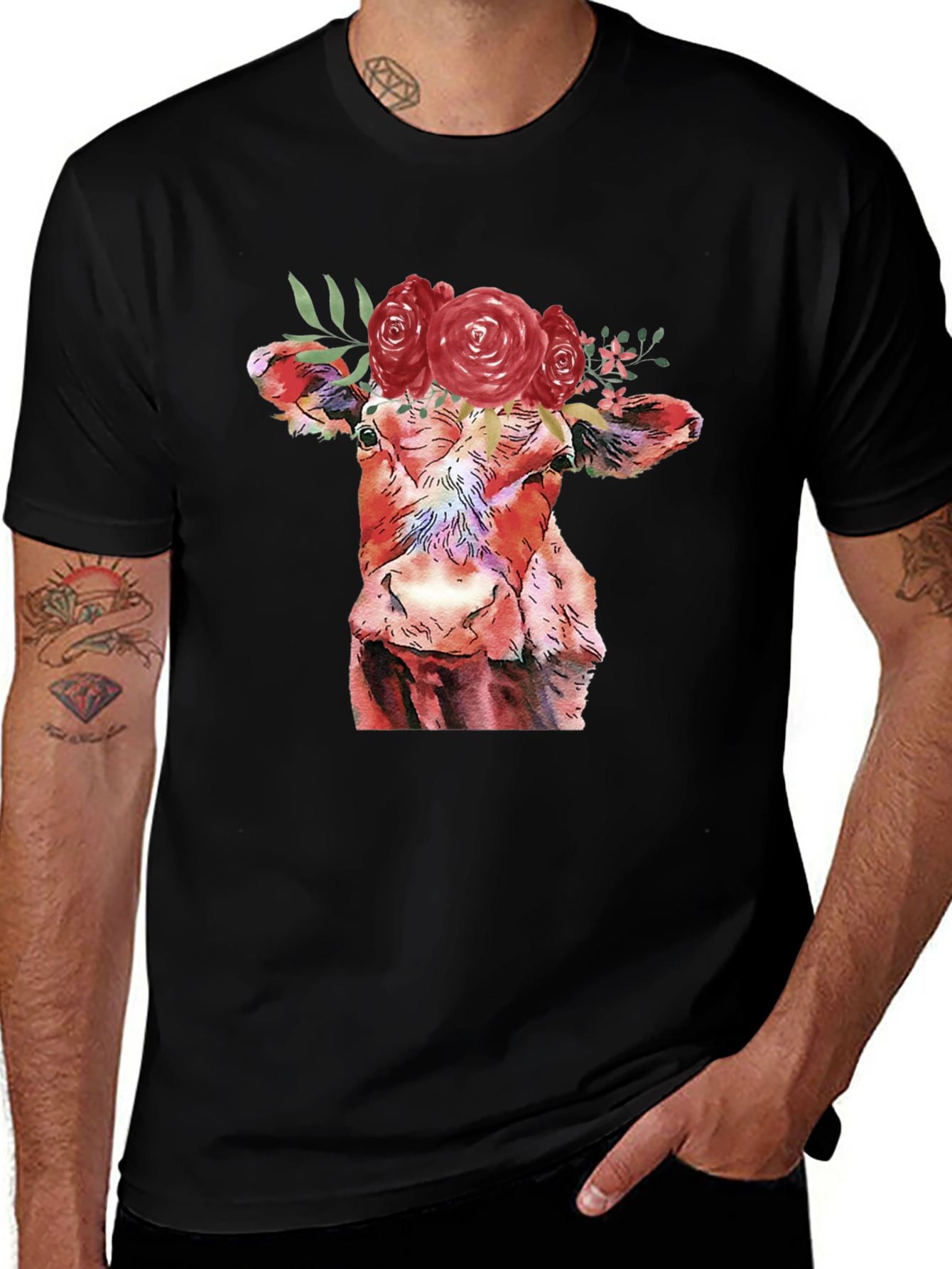 Floral Cow Graphic Tee - Unique Animal Lover Shirt