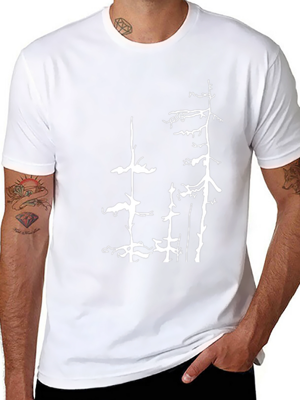 Black T-Shirt with White Forest Tree Design