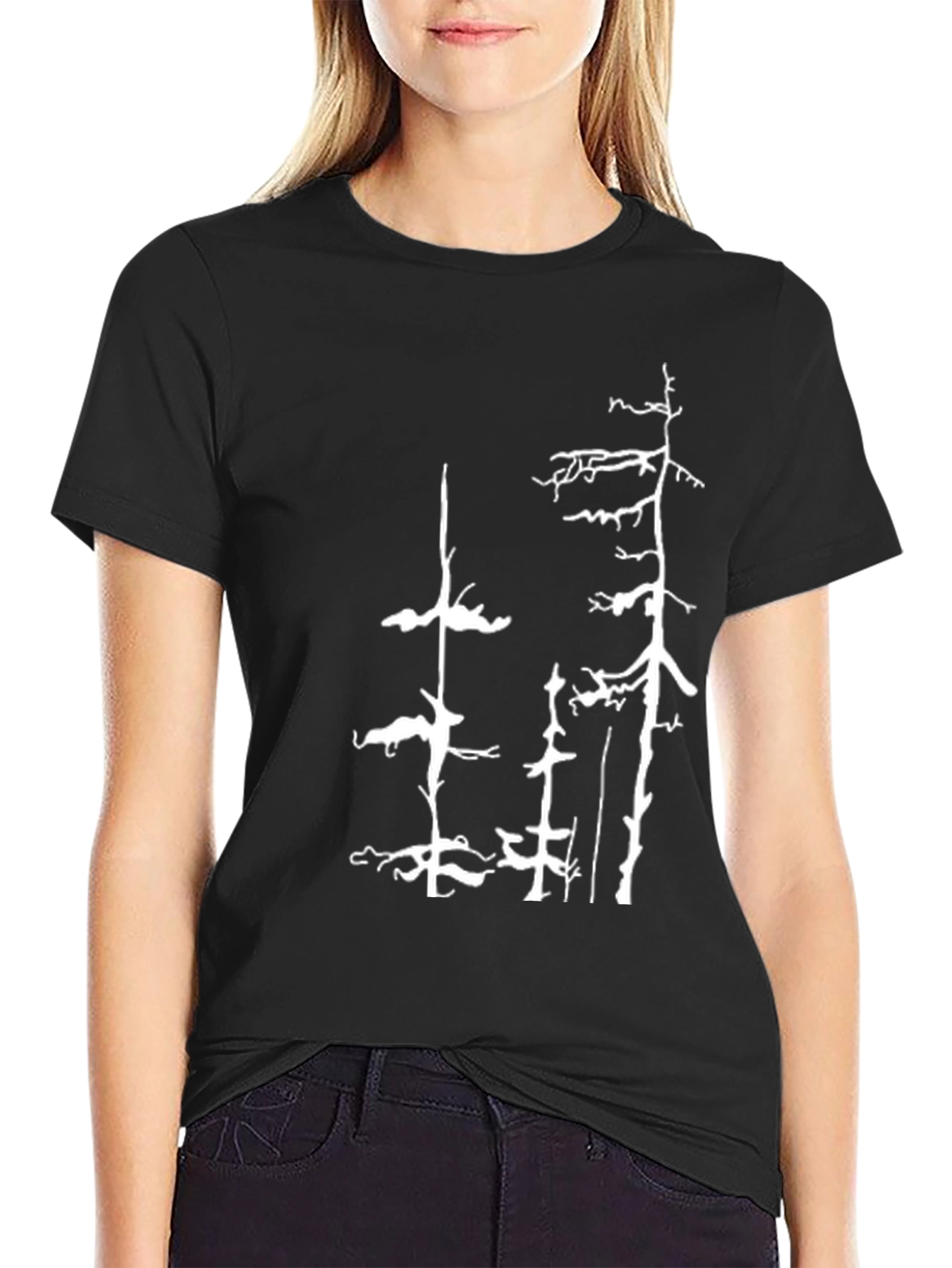 Black T-Shirt with White Forest Tree Design