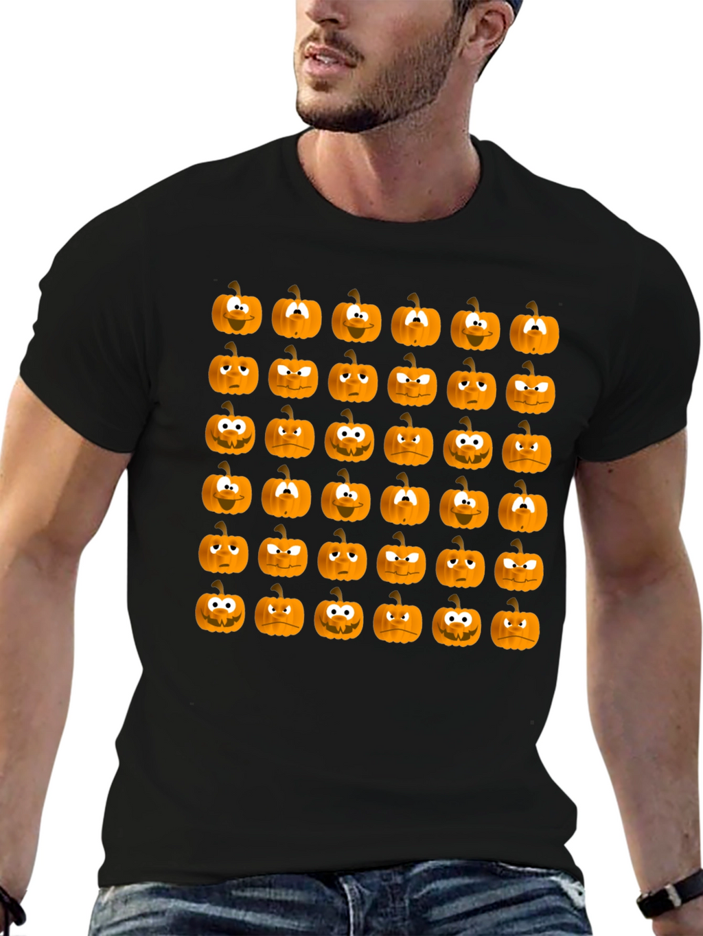 Spooky Pumpkin Face Pattern Halloween T-Shirt