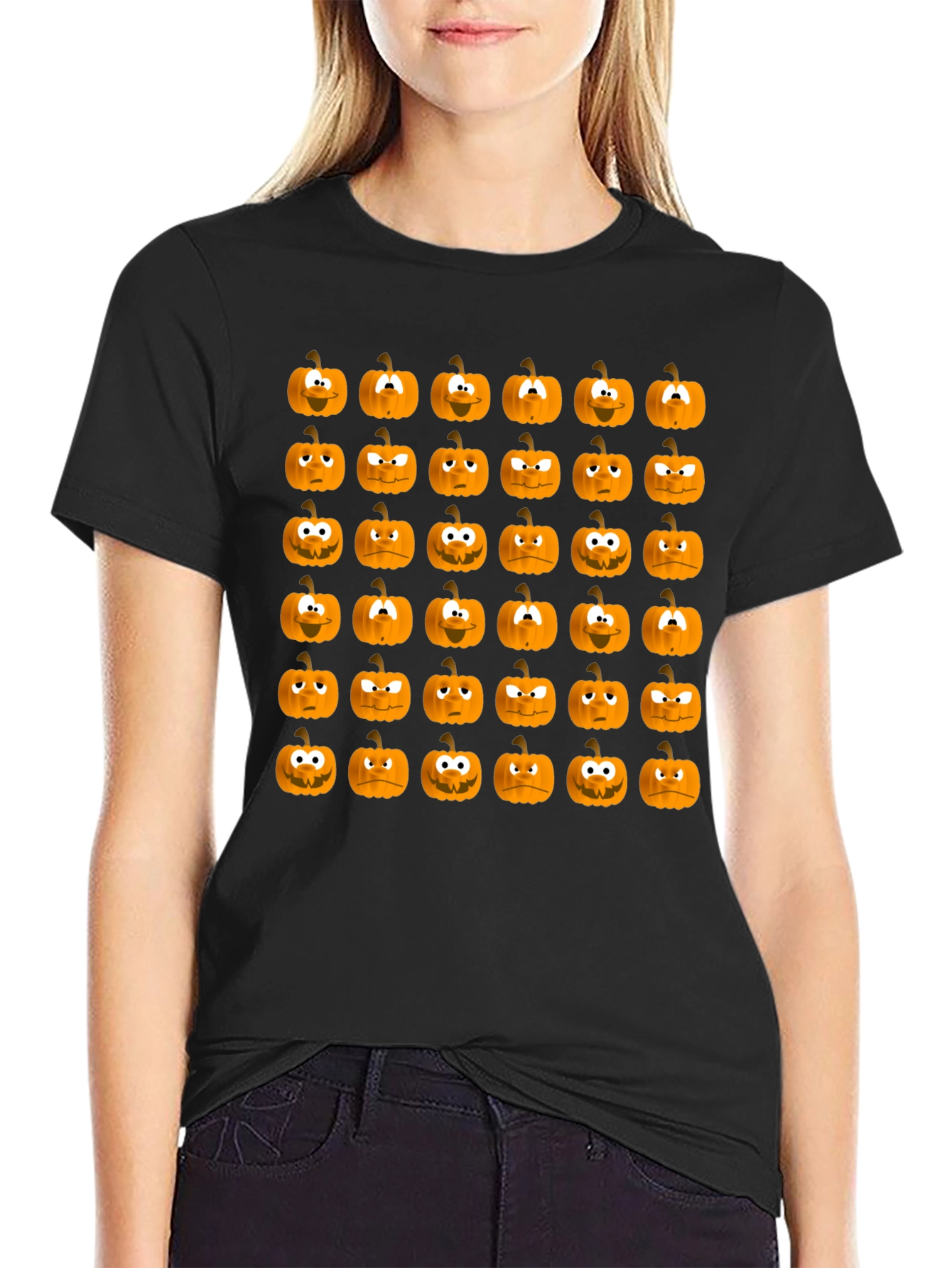 Spooky Pumpkin Face Pattern Halloween T-Shirt