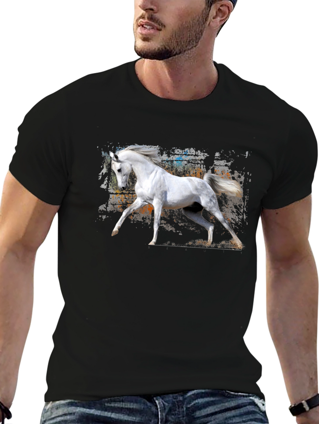 White Horse Graphic Black T-Shirt