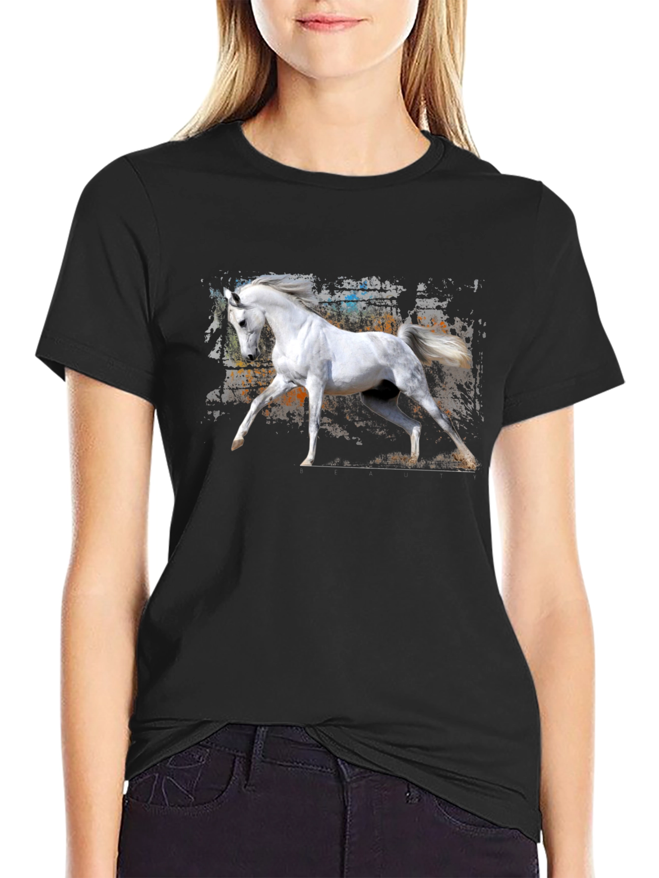 White Horse Graphic Black T-Shirt