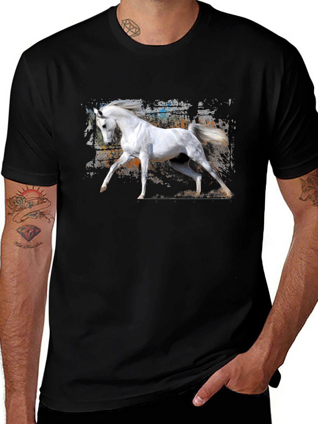 White Horse Graphic Black T-Shirt