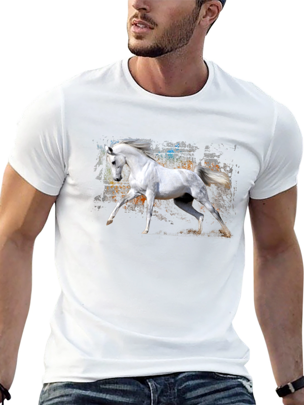 White Horse Graphic Black T-Shirt