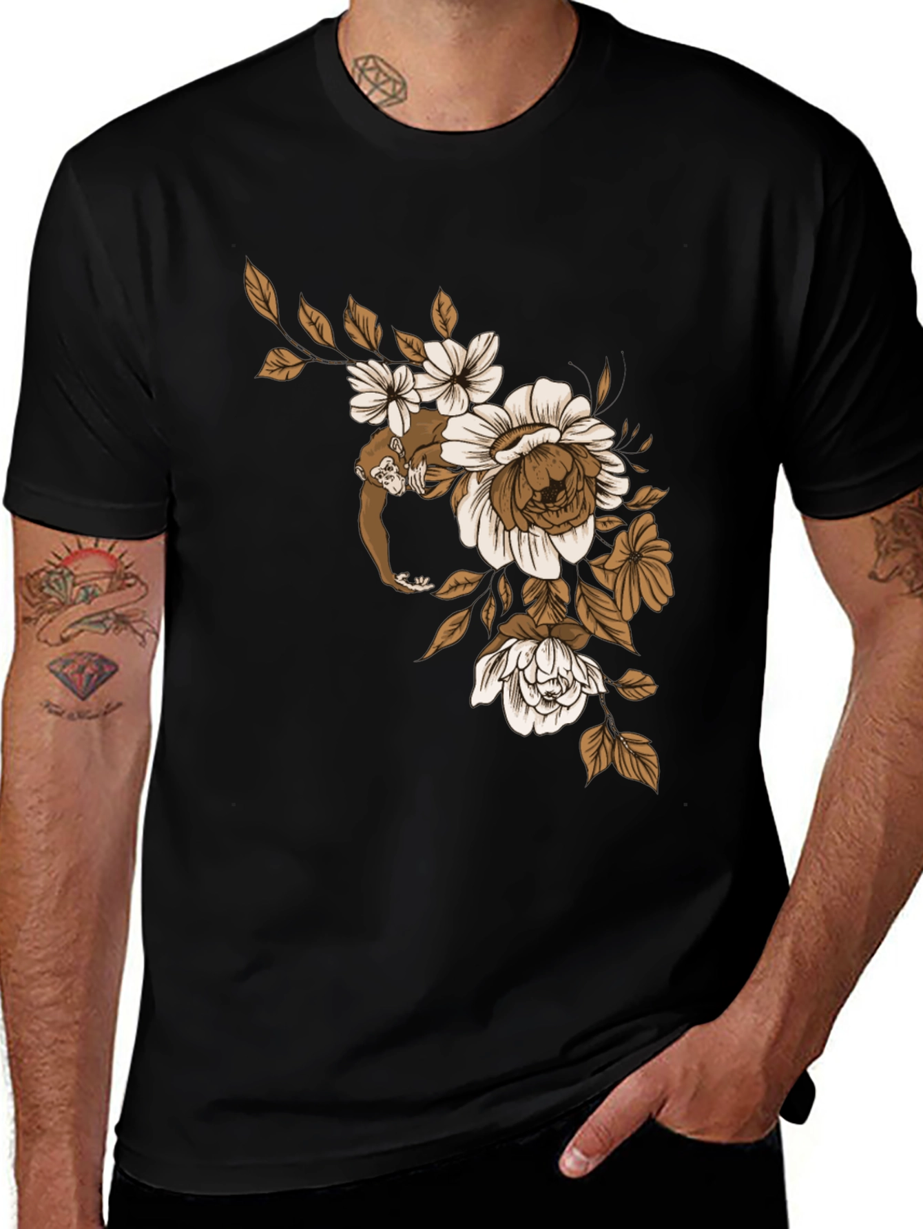 Monkey Floral Graphic Black T-Shirt