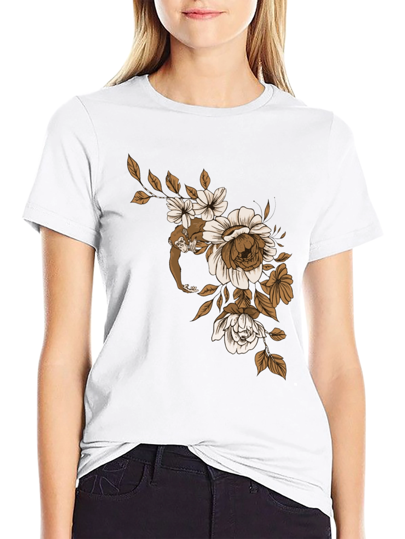 Monkey Floral Graphic Black T-Shirt