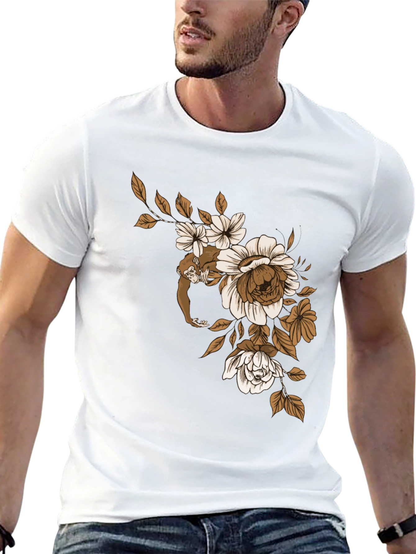 Monkey Floral Graphic Black T-Shirt